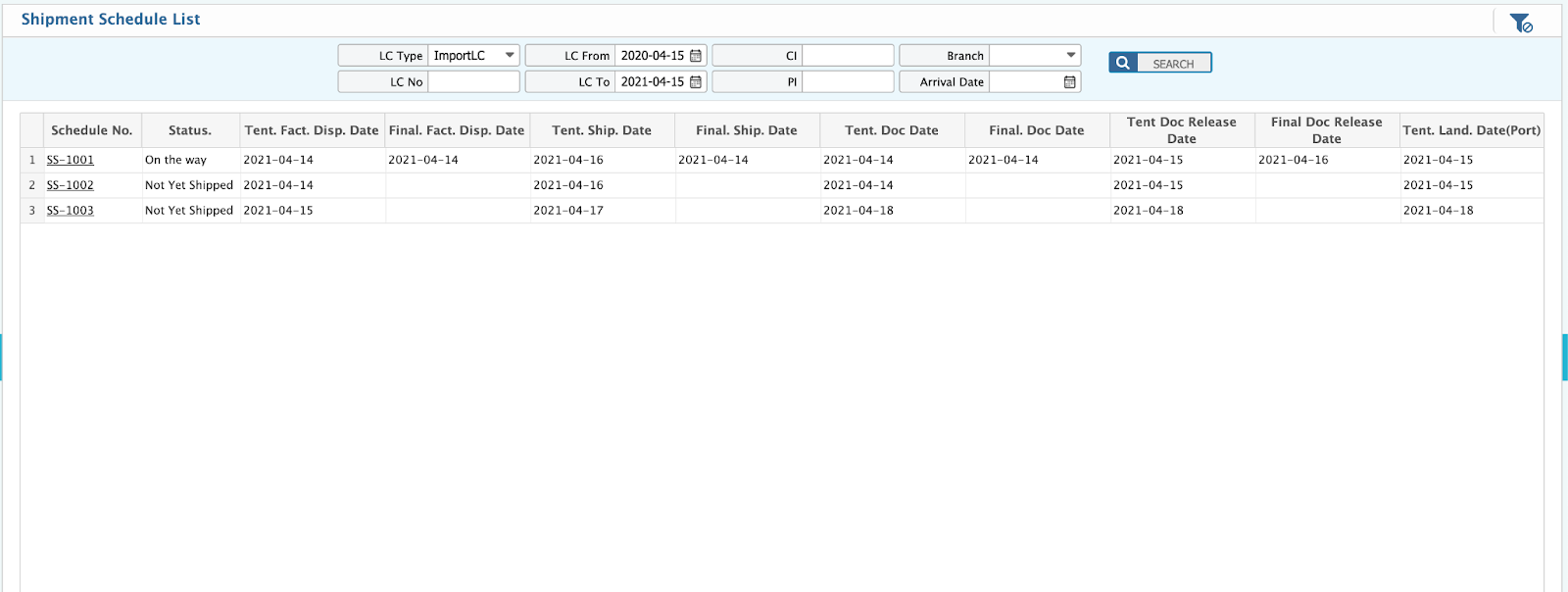 Shipment Schedule List Page